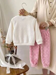SHEIN Young Girl Young Girls Young Girl Comfortable Cloud Pattern Fashionable Long Sleeve Fleece Pants Set Fall/Winter Outfits - Baby Pink - View 3