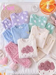 SHEIN Young Girl Young Girls Young Girl Comfortable Cloud Pattern Fashionable Long Sleeve Fleece Pants Set Fall/Winter Outfits - Baby Pink - View 1