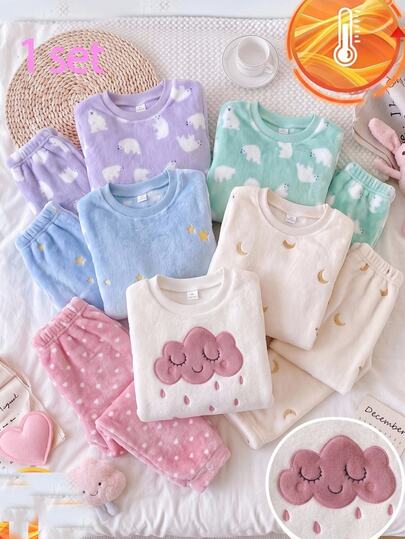 SHEIN Young Girls Young Girl Comfortable Cloud Pattern Fashionable Long Sleeve Fleece Pants Set Fall/Winter Outfits