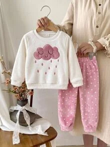 SHEIN Young Girl Young Girls Young Girl Comfortable Cloud Pattern Fashionable Long Sleeve Fleece Pants Set Fall/Winter Outfits - Baby Pink - View 2