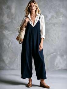 Trelyra Women's Solid Color Shirt & Camisole Wide Leg Jumpsuit Casual Elegant 2 Pieces Set - Multicolor - View 7