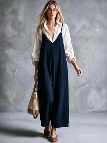Trelyra Women's Solid Color Shirt & Camisole Wide Leg Jumpsuit Casual Elegant 2 Pieces Set - Multicolor - View 4