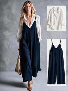 Trelyra Women's Solid Color Shirt & Camisole Wide Leg Jumpsuit Casual Elegant 2 Pieces Set - Multicolor - View 1
