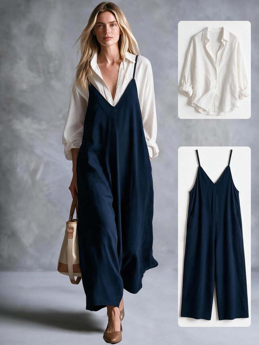 Trelyra Women's Solid Color Shirt & Camisole Wide Leg Jumpsuit Casual Elegant 2 Pieces Set - Multicolor - View 1