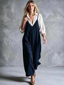 Trelyra Women's Solid Color Shirt & Camisole Wide Leg Jumpsuit Casual Elegant 2 Pieces Set - Multicolor - View 6