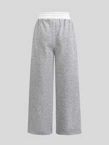 SHEIN Tween Girl Colorblock Drawstring Waist Casual Loose Sweatpants - Grey - View 2
