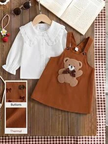 SHEIN Baby 2pcs Knit Peter Pan Collar Long Sleeve Regular Loose Fit Dress Fall Coffee Brown - Coffee Brown - View 1