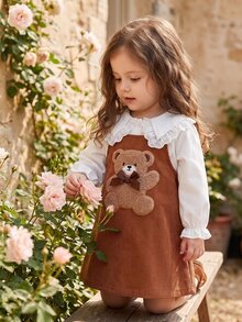 SHEIN Baby 2pcs Knit Peter Pan Collar Long Sleeve Regular Loose Fit Dress Fall Coffee Brown - Coffee Brown - View 10