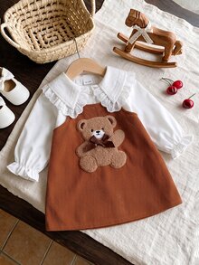 SHEIN Baby 2pcs Knit Peter Pan Collar Long Sleeve Regular Loose Fit Dress Fall Coffee Brown - Coffee Brown - View 3