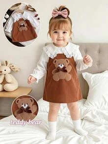 SHEIN Baby 2pcs Knit Peter Pan Collar Long Sleeve Regular Loose Fit Dress Fall Coffee Brown - Coffee Brown - View 2