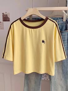 Comfortcana Kaos Polos Model Bahu Jatuh Pendek Kasual Tradisional Elegan Ukuran Besar Cocok untuk Wisuda, Liburan, Formal, Warna Kuning, Musim Panas - Angsa kuning - View 3