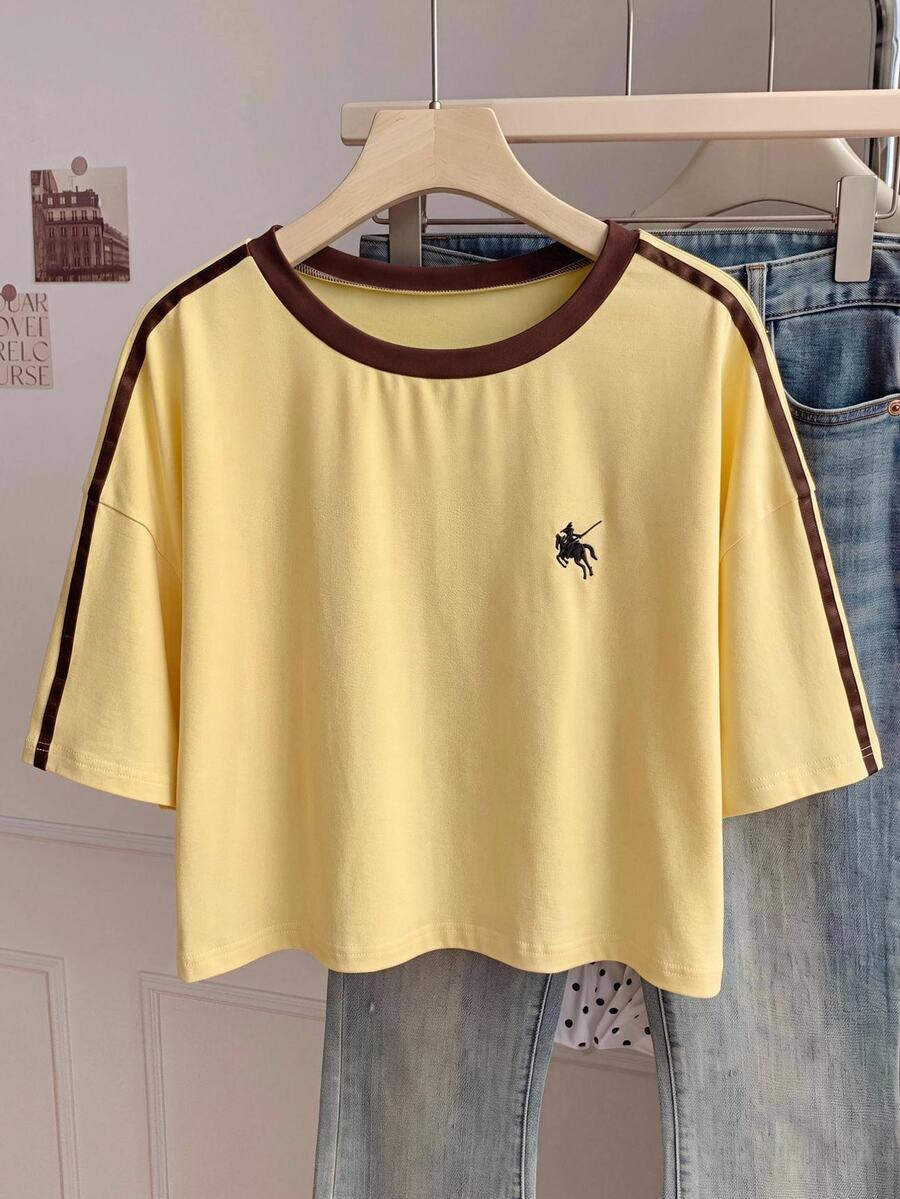 Comfortcana Solid Color Drop Shoulder Short Baggy Streetwear Traditional Elegant Plus Size T-Shirt Vacation Formal Birthday Club Dark Green Summer - Pale Yellow - View 1