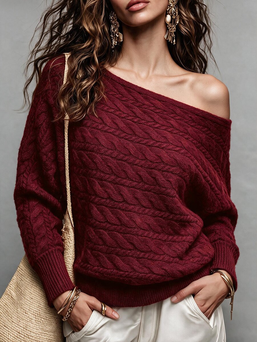 Omancia Women's Retro Burgundy Sweater Cable Knit Pullover Casual Jumper Elegant Batwing Sleeve Knitwear Autumn/Winter Clothes For Women Modern Fall Outfits - Red Violet - View 1