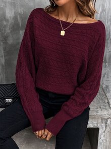Omancia Women's Retro Burgundy Sweater Cable Knit Pullover Casual Jumper Elegant Batwing Sleeve Knitwear Autumn/Winter Clothes For Women Modern Fall Outfits - Red Violet - View 7