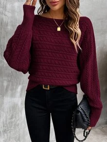 Omancia Women's Retro Burgundy Sweater Cable Knit Pullover Casual Jumper Elegant Batwing Sleeve Knitwear Autumn/Winter Clothes For Women Modern Fall Outfits - Red Violet - View 4