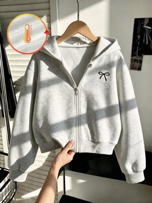 SHEIN Jaket Termal Berlapisan untuk Anak Perempuan, Jaket Modis Warna Polos dengan Hiasan Pita untuk Musim Gugur/Dingin, Motif Bordir Pita di Bagian Depan, Gaya Muda dan Bersemangat, Cocok untuk Pakaian Luar Sehari-hari - Light Grey - View 2