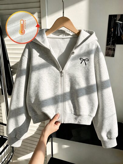 SHEIN Girls' Thermal Lined Jacket, Solid Color Fashion Bow Jacket For Autumn/Winter, Front Bow Embroidery Pattern, Youthful And Vibrant Style, Suitable For Daily Outdoor Wear