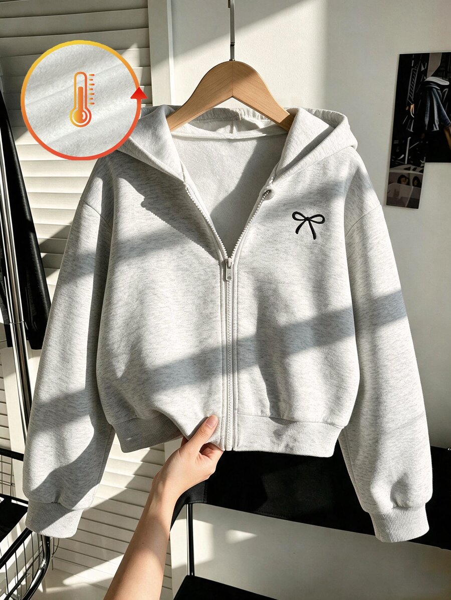 SHEIN Jaket Termal Berlapisan untuk Anak Perempuan, Jaket Modis Warna Polos dengan Hiasan Pita untuk Musim Gugur/Dingin, Motif Bordir Pita di Bagian Depan, Gaya Muda dan Bersemangat, Cocok untuk Pakaian Luar Sehari-hari