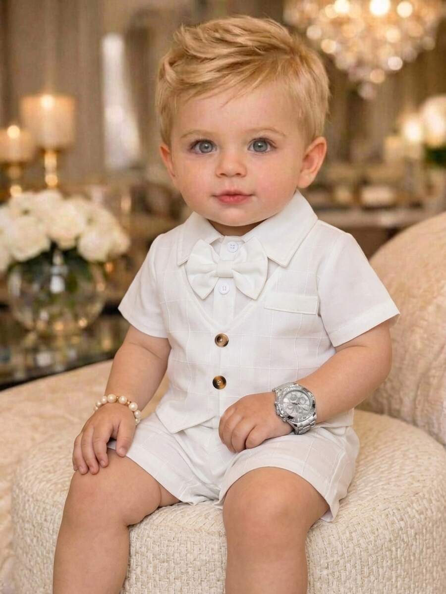 Souflis Souflis 幼童男童白色秋季優雅高雅正式婚禮派對度假格紋拼接 Polo 領短袖襯衫短褲套裝