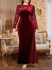 Reflora Plus Size Women's Lace Patchwork Elegant Waist-Cinching Party Dress - Purple - View 11