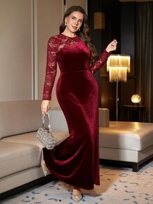 Reflora Plus Size Women's Lace Patchwork Elegant Waist-Cinching Party Dress - Purple - View 8