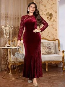 Reflora Plus Size Women's Lace Patchwork Elegant Waist-Cinching Party Dress - Purple - View 12