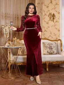 Reflora Plus Size Women's Lace Patchwork Elegant Waist-Cinching Party Dress - Purple - View 10