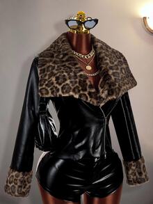 Amplova Mantel Kulit PU dengan Panel Bulu Motif Macan Tutul - Hitam - View 11