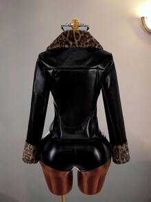 Amplova Mantel Kulit PU dengan Panel Bulu Motif Macan Tutul - Hitam - View 15