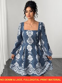 Rometta Gaun Lipat Berlipit Lengan Lentera Leher Persegi Motif Bunga untuk Musim Gugur - Biru - View 3