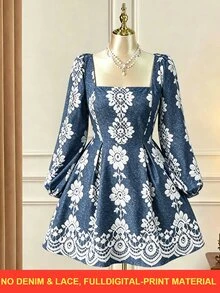 Rometta Gaun Lipat Berlipit Lengan Lentera Leher Persegi Motif Bunga untuk Musim Gugur - Biru - View 10