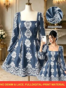 Rometta Gaun Lipat Berlipit Lengan Lentera Leher Persegi Motif Bunga untuk Musim Gugur - Biru - View 1
