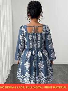 Rometta Gaun Lipat Berlipit Lengan Lentera Leher Persegi Motif Bunga untuk Musim Gugur - Biru - View 2