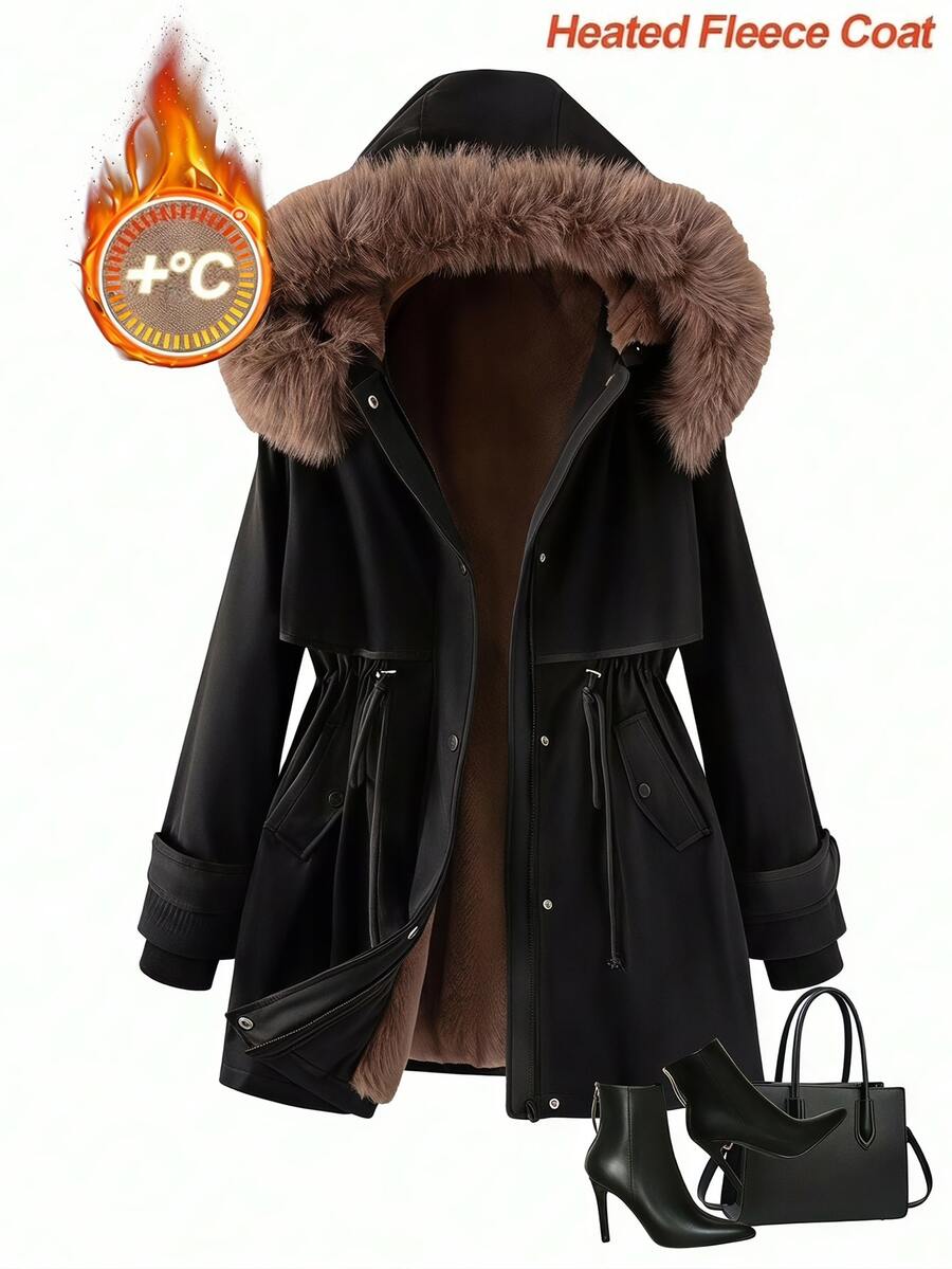 Reflora Plus Size Little Fox Long Plush Lining Parka Coat Winter - Black - View 1