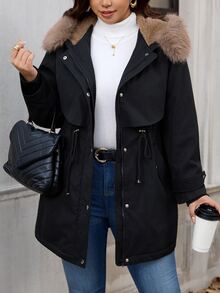 Reflora Plus Size Little Fox Long Plush Lining Parka Coat Winter - Black - View 3