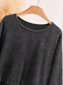CosyJoli Plus Size Washed Snowflake Long Sleeve T-Shirt, Ruffle Trim T-Shirt, Casual Women's Autumn Long Sleeve Top Casual T-Shirt For Women Fall/Winter Outfit - Black - View 5