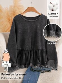 CosyJoli Plus Size Washed Snowflake Long Sleeve T-Shirt, Ruffle Trim T-Shirt, Casual Women's Autumn Long Sleeve Top Casual T-Shirt For Women Fall/Winter Outfit - Black - View 1