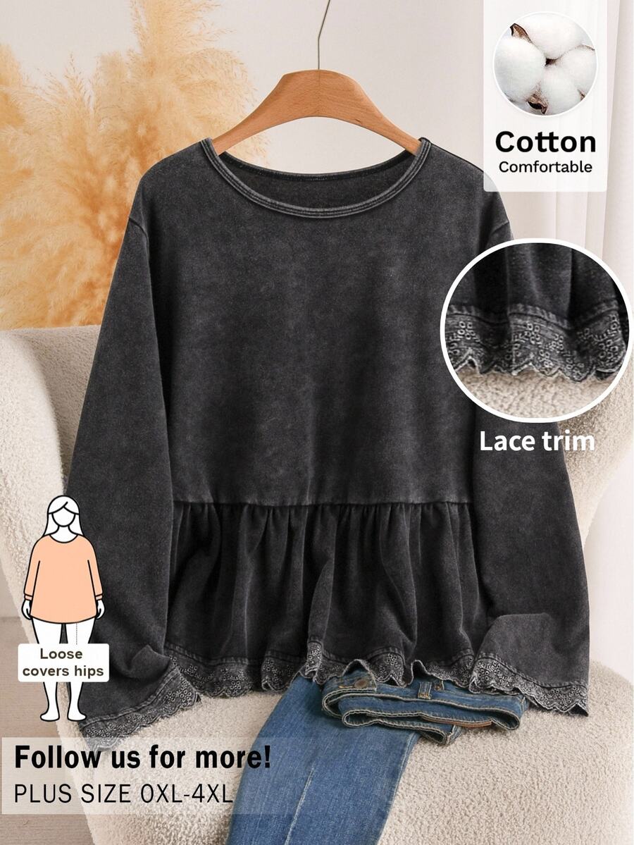 CosyJoli Kaos Lengan Panjang Motif Salju Ukuran Besar, Kaos dengan Hiasan Ruffle, Atasan Lengan Panjang Kasual Wanita untuk Musim Gugur/Musim Dingin