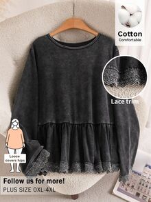 CosyJoli Plus Size Washed Snowflake Long Sleeve T-Shirt, Ruffle Trim T-Shirt, Casual Women's Autumn Long Sleeve Top Casual T-Shirt For Women Fall/Winter Outfit - Black - View 3