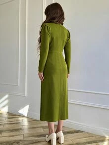 Modelyn 女款針織鼠尾草綠長袖水鑽裝飾浪漫優雅修身中長洋裝，適合派對、晚餐、雞尾酒會與婚禮，秋季穿著 - 綠色 - 查看 2