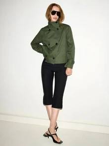 MOTF PREMIUM URBAN CHIC, 100% COTTON MILITARY STYLE STAND COLLAR SHORT TRENCH COAT, FALL WINTER - Army Green - View 3