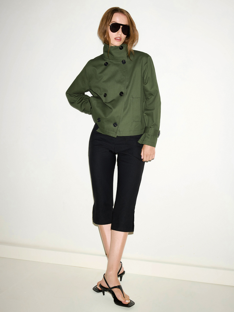 MOTF PREMIUM URBAN CHIC, 100% COTTON MILITARY STYLE STAND COLLAR SHORT TRENCH COAT, FALL WINTER - Army Green - View 2