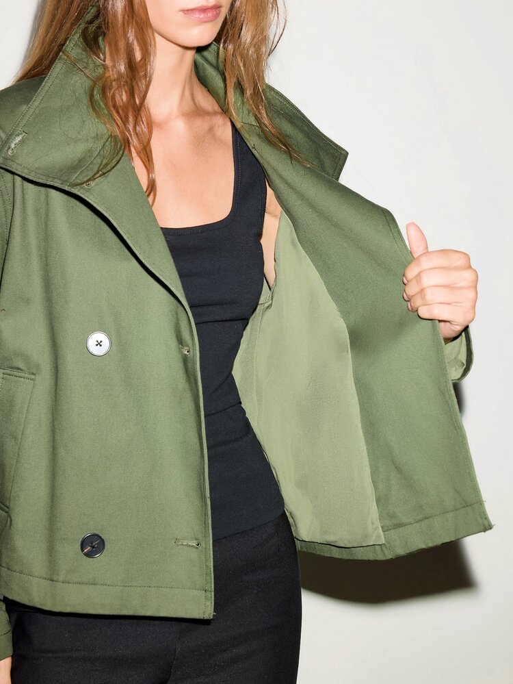 MOTF PREMIUM URBAN CHIC, 100% COTTON MILITARY STYLE STAND COLLAR SHORT TRENCH COAT, FALL WINTER - Army Green - View 10