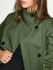 MOTF PREMIUM URBAN CHIC, 100% COTTON MILITARY STYLE STAND COLLAR SHORT TRENCH COAT, FALL WINTER - Army Green - View 5