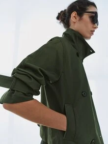 MOTF PREMIUM URBAN CHIC, 100% COTTON MILITARY STYLE STAND COLLAR SHORT TRENCH COAT, FALL WINTER - Army Green - View 9