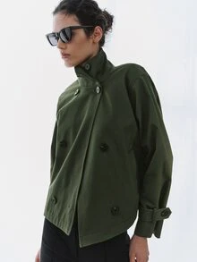 MOTF PREMIUM URBAN CHIC, 100% COTTON MILITARY STYLE STAND COLLAR SHORT TRENCH COAT, FALL WINTER - Army Green - View 6