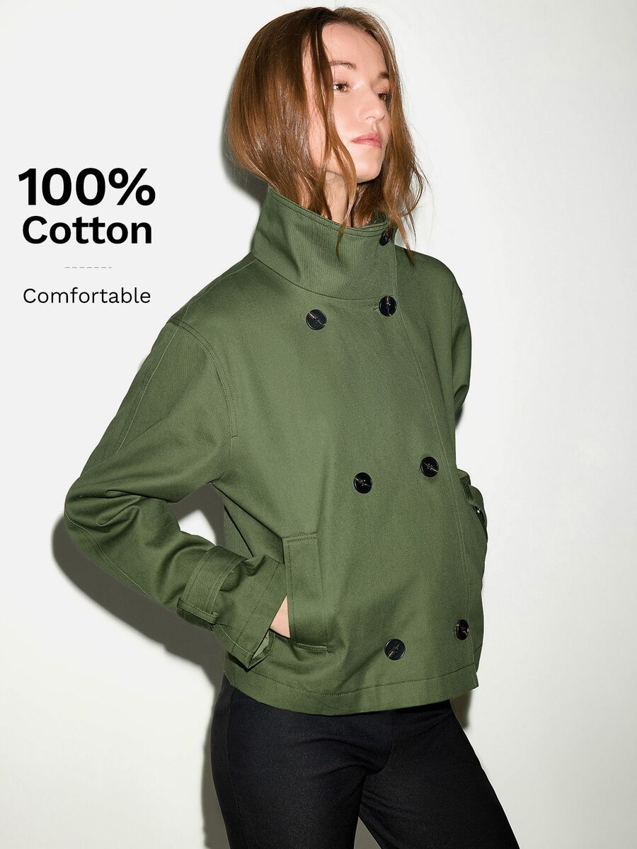 MOTF PREMIUM URBAN CHIC, 100% COTTON MILITARY STYLE STAND COLLAR SHORT TRENCH COAT, FALL WINTER