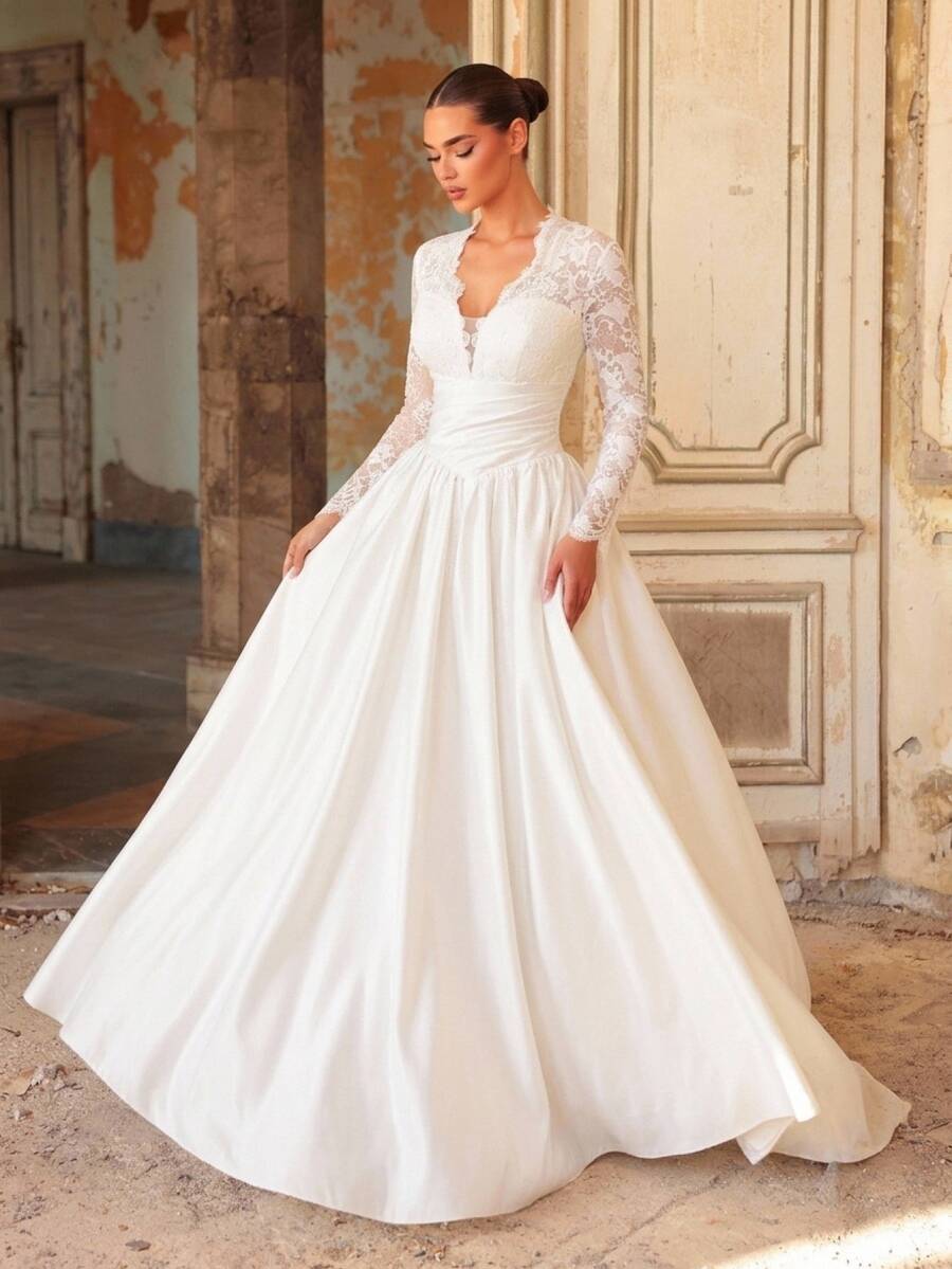 Aureia Elegant Formal Luxurious Beaded Diamond Embellished Elastic Lace Patchwork Satin Ruched Oversized Skirt With Train Wedding White Fall - Beige - View 1