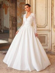 Aureia Elegant Formal Luxurious Beaded Diamond Embellished Elastic Lace Patchwork Satin Ruched Oversized Skirt With Train Wedding White Fall - Beige - View 8