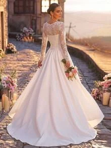 Aureia Elegant Formal Luxurious Beaded Diamond Embellished Elastic Lace Patchwork Satin Ruched Oversized Skirt With Train Wedding White Fall - Beige - View 3